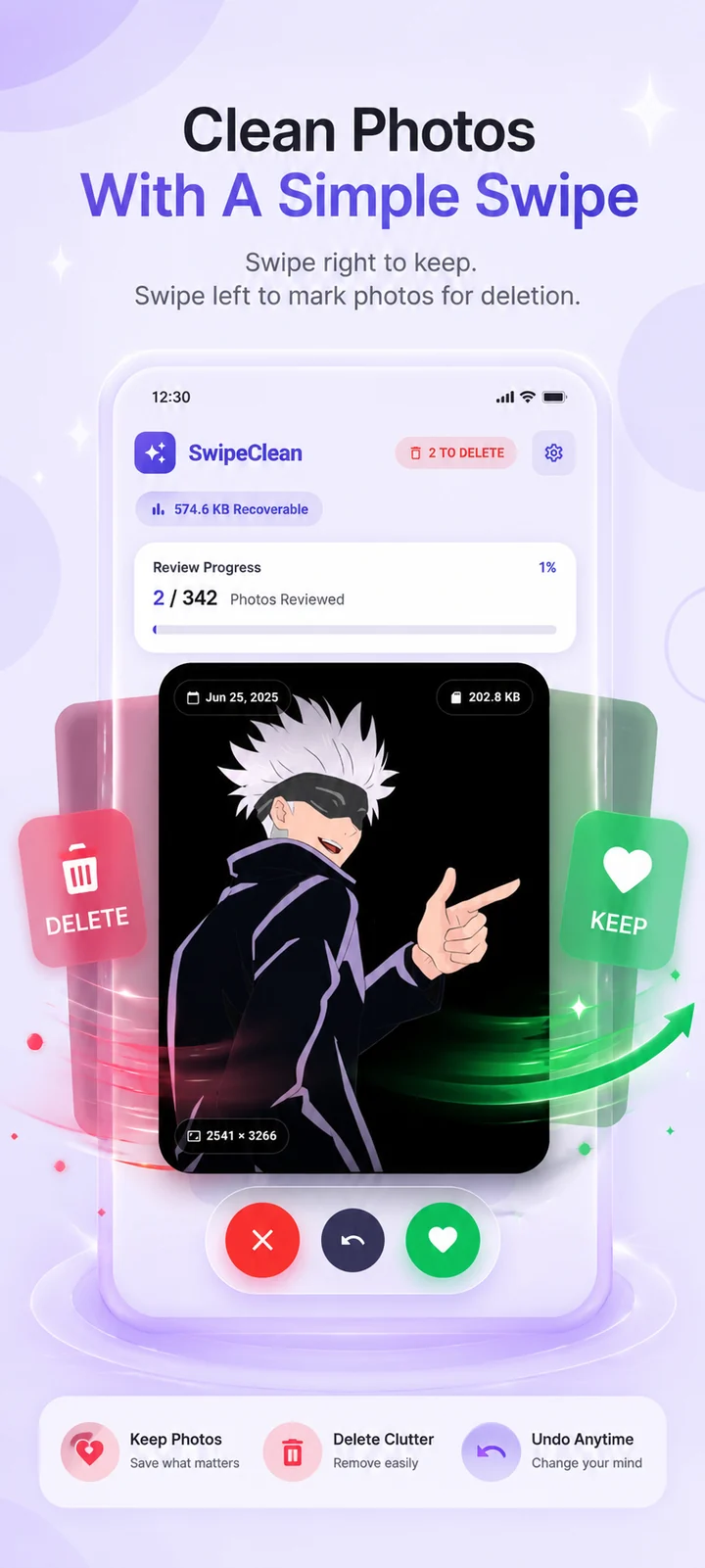 Swipe Cleaner — swipe right to keep, swipe left to delete