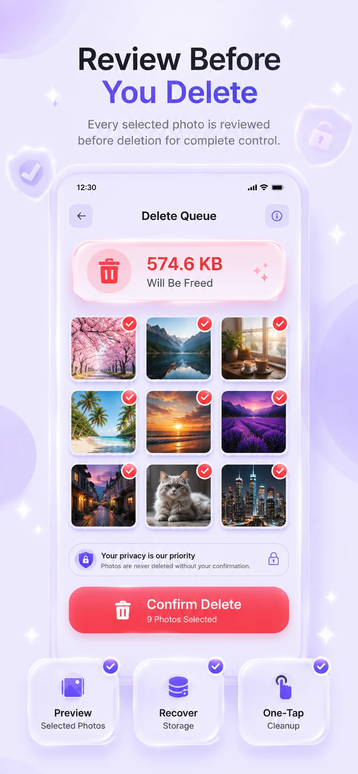 Review Deletion Queue — preview every photo before deleting