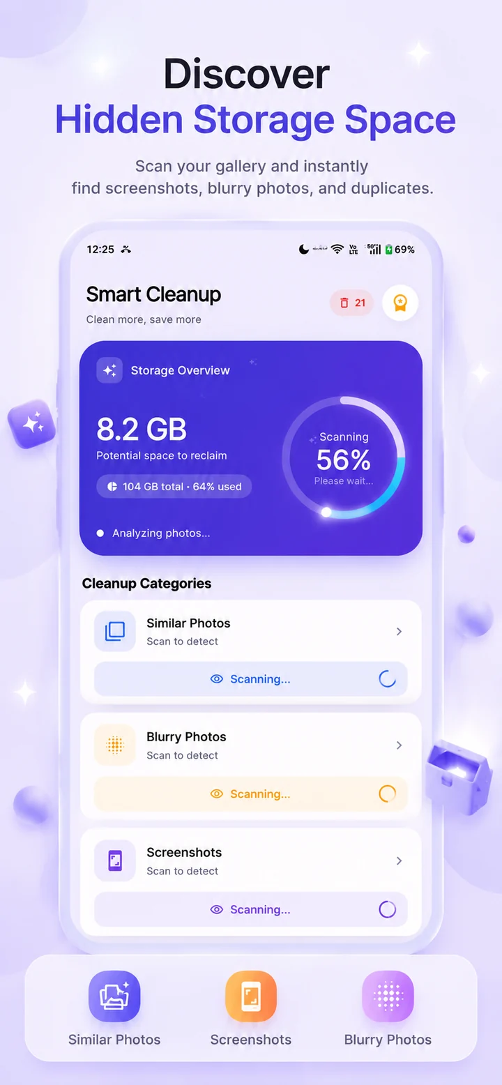 Smart Scan — scanning gallery for similar, blurry photos and screenshots