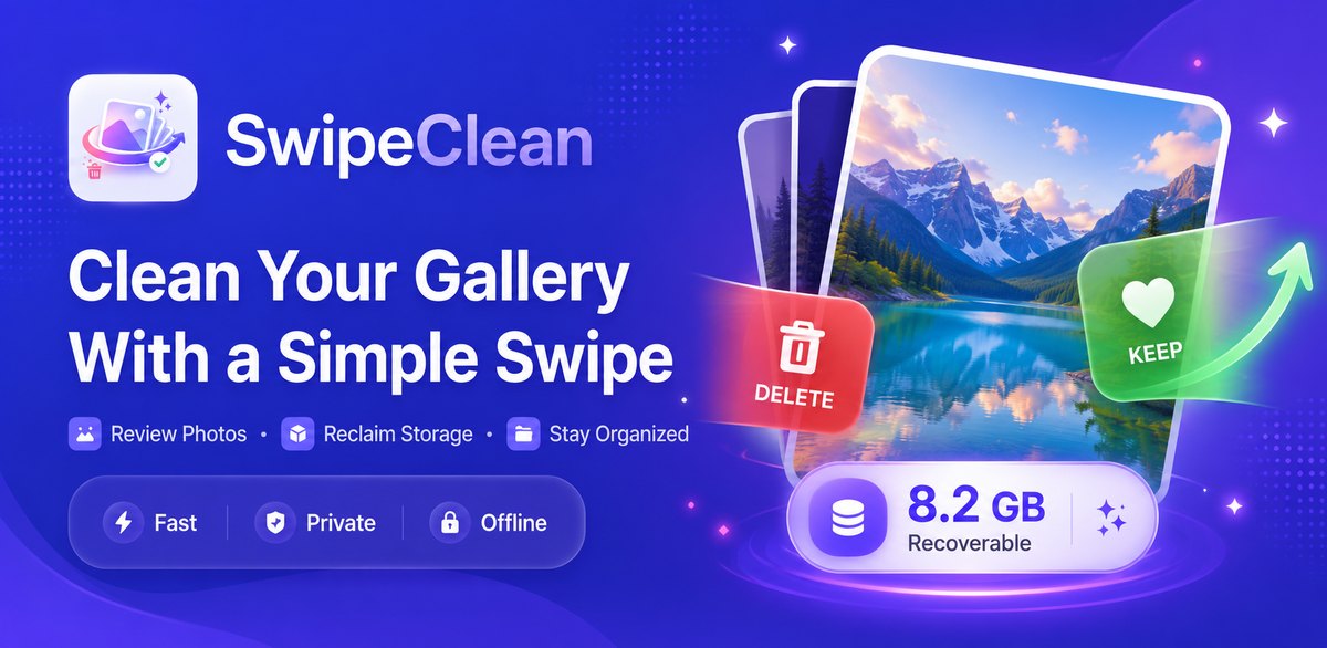 SwipeClean — Clean Your Gallery With a Simple Swipe. Fast, private, offline. 8.2 GB recoverable.